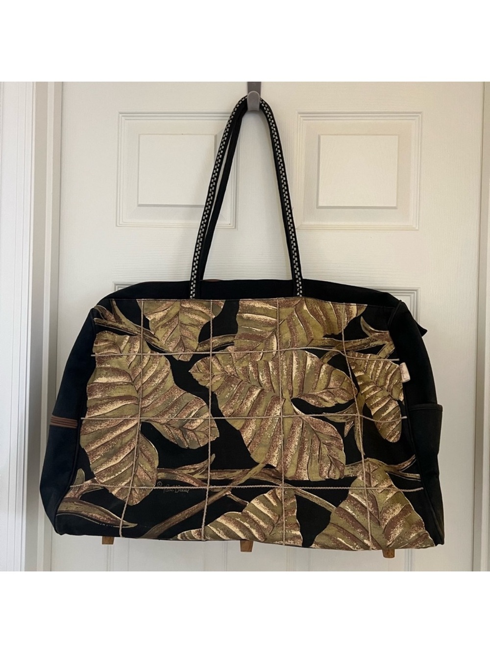 Black Travel Weekender Bag with Gold Leaf Print